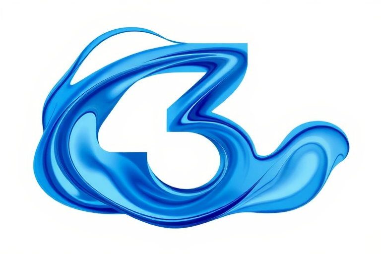 Regenerate the image of a stylized number 3 with a fluid, wave-like texture in shades of blue, using a high-resolution camera with a macro lens, ISO 100, aperture f/2.8, and a shot taken from a 45-degree angle against a clean white background for enhanced clarity and detail.