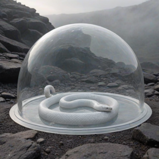 a white snake resting inside a transparent dome surrounded by bubbles and soft mist on a rocky surface