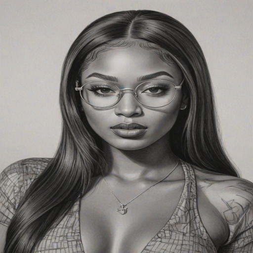 Alluring Megan Thee Stallion, pencil sketch, portrait of Charming woman 1973s in glasses, hair style beatnik, outline, clear lines, fine lines, 8k