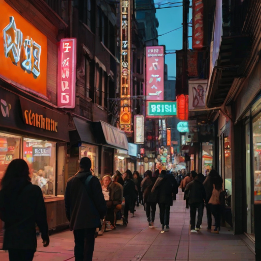 Bustling city street at night, with neon signs illuminating storefronts, people mingling on the sidewalks, and the sound of laughter echoing through the urban landscape.