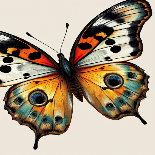 Generate an image of a butterfly with intricate patterns on its wings. The wings should feature a mix of colors including black, orange, white, and teal, with distinct eye spots and detailed textures. The background should be neutral to highlight the butterfly's vibrant colors.