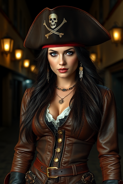 Create a portrait of a fierce female pirate. She wears a leather tricorn hat adorned with a skull and crossbones emblem, and her long, dark hair flows around her face. Her outfit consists of a richly detailed leather jacket, a corset, and multiple layers of belts and accessories, giving her a formidable and stylish appearance. She stands confidently in a dimly lit, historic port town, with a backdrop of weathered buildings and cobblestone streets, capturing the adventurous spirit of a pirate.
