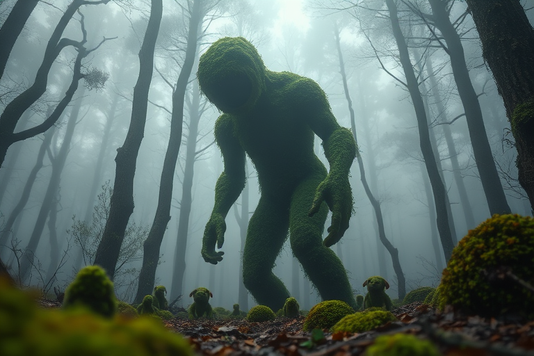 A giant moss-covered humanoid figure stands in a misty forest, surrounded by smaller mossy creatures, taken with a DSLR camera at f/2.8 aperture, ISO 100, 50mm lens, with a low-angle view and soft focus background, capturing an ethereal atmosphere.