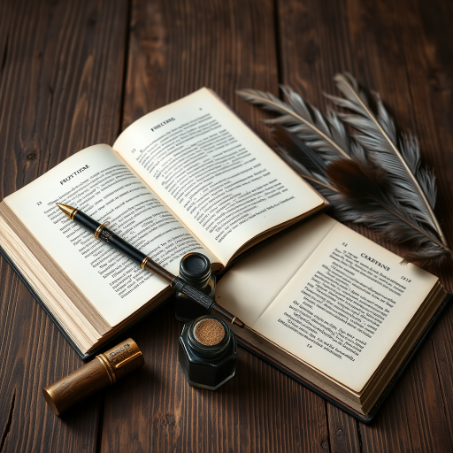still life composition featuring open books with detailed text, a vintage writing pen, ink pots, and natural elements like feathers, captured with a Canon EOS R5, 50mm lens, f/1.8 aperture, natural light, shallow depth of field, textured wooden background for enhanced contrast and detail