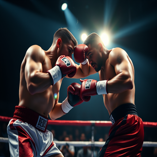 two fighters in a dynamic boxing match, dramatic lighting with a blurred crowd in the background, high shutter speed 1/1000s, aperture f/2.8, ISO 400, 50mm lens, shot from a low angle to emphasize action and intensity, DSLR camera
