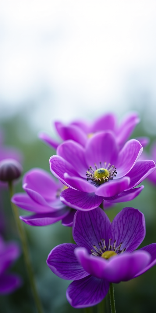 High-resolution close-up of purple anemone flowers with soft focus background, using a DSLR camera, aperture f/2.8, ISO 100, 50mm lens, natural light, and vibrant color settings.