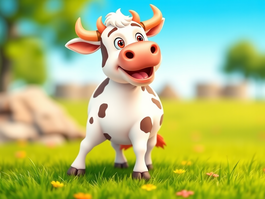 Create a high-resolution cartoon image of a friendly cow standing on green grass, using a DSLR camera with a 50mm lens, aperture set to f/1.8, ISO 100, and a vibrant color profile, captured from a low-angle view to highlight the cow's expressive features and playful demeanor.