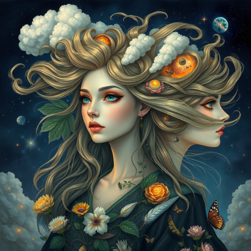 Create a series of imaginative portraits where each subject is infused with elements of fantasy and nature. The hair of the individuals should flow like clouds, varying from soft, fluffy cumulus to wispy cirrus strands, with hints of color reflecting a sunset or a clear blue sky. The eyes should be windows to entire galaxies, with stars, nebulae, and distant planets visible within them. Clothing should be adorned with nature motifs, such as floral patterns that bloom and change, vines that seem to grow and wrap around, or feathers that shimmer with iridescence. Each portrait should capture a unique personality, blending human features with the ethereal beauty of the natural and cosmic world. The backgrounds can vary, from starry night skies to enchanted forests, adding depth and context to the magical realism of the portraits