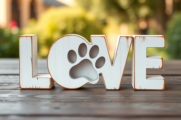 Create a high-resolution image of the word LOVE with a paw print integrated into the design, using a DSLR camera at f/2.8 aperture, 50mm lens, 1/125s shutter speed, and natural lighting for a clear and vibrant look.