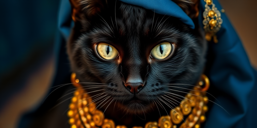 Create a highly detailed, close-up portrait of a regal black cat adorned with intricate golden jewelry and rich blue textiles, shot with a DSLR camera at f/1.8 aperture, ISO 200, and a 50mm lens in low light, with a soft focus background to enhance depth and texture.