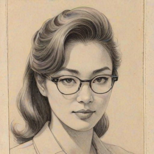 Captivating Eleanore Matsuura, pencil sketch, portrait of Superb woman 1949s in glasses, hair style beatnik, outline, clear lines, fine lines, 8k