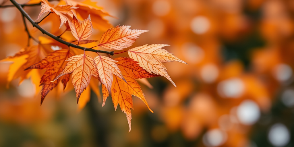 Close-up of autumn leaves on a branch with a blurred background of orange and brown foliage, aperture f/2.8, shutter speed 1/200s, ISO 100, taken with a DSLR camera using a macro lens, softly diffused natural light.