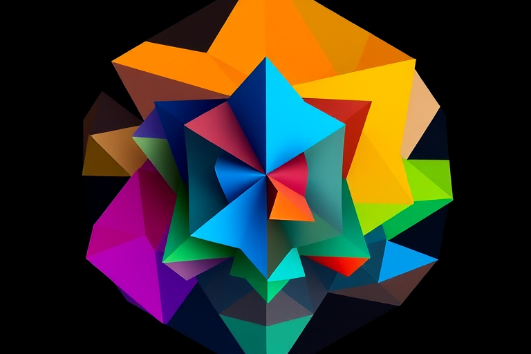 regenerate an abstract geometric artwork with vibrant colors including blue, orange, green, red, pink, and yellow, featuring sharp, defined shapes against a black background, shot with a Canon EOS R5, 35mm lens, f/8 aperture, ISO 100, 1/250 sec shutter speed, high dynamic range, front view, digital art style