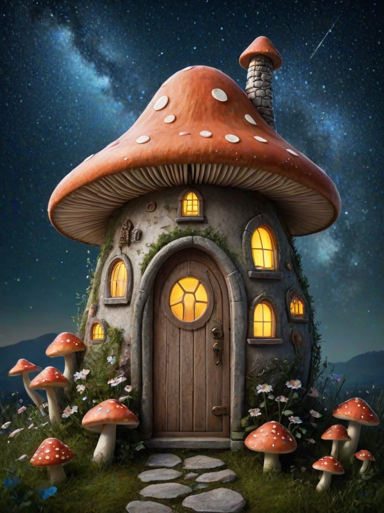 this photo is illustration of a mushroom house with a door and a window, a storybook , fantasy art, mushroom house, bg starry sky, sparkles