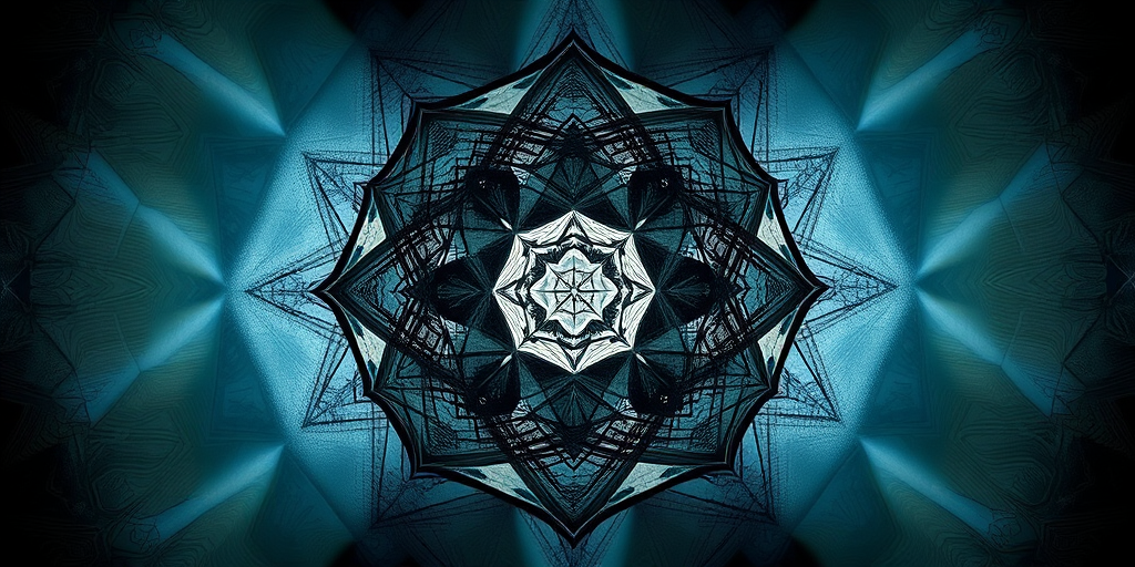 Create a high-resolution image of an abstract geometric shape with intricate patterns and gradients, using a Canon EOS R5, f/1.8 aperture, ISO 100, 50mm lens, shot from a slightly elevated angle with dramatic lighting for depth and texture.
