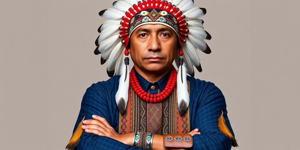 Create a dignified portrait of a Native American man dressed in traditional attire. He wears a beautifully crafted headdress adorned with white feathers and red beads, along with a beaded headband featuring intricate patterns. His clothing includes a deep blue, patterned shirt and a traditional chest piece with detailed beadwork. His arms are crossed, displaying leather armbands decorated with feathers. The background is simple and neutral, emphasizing his proud and stoic expression. The overall image captures the rich cultural heritage and strength of his persona.