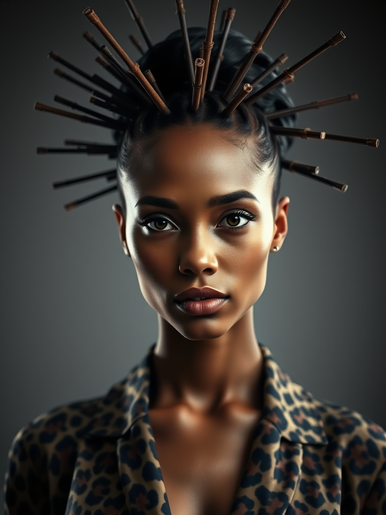 portrait of a woman with intricate hairstyle featuring sticks, wearing a leopard-print outfit, dramatic lighting, smooth skin texture, taken with a Canon EOS R5, 85mm lens, aperture f/1.8, ISO 100, soft focus background, studio lighting setup for high contrast and detail enhancement