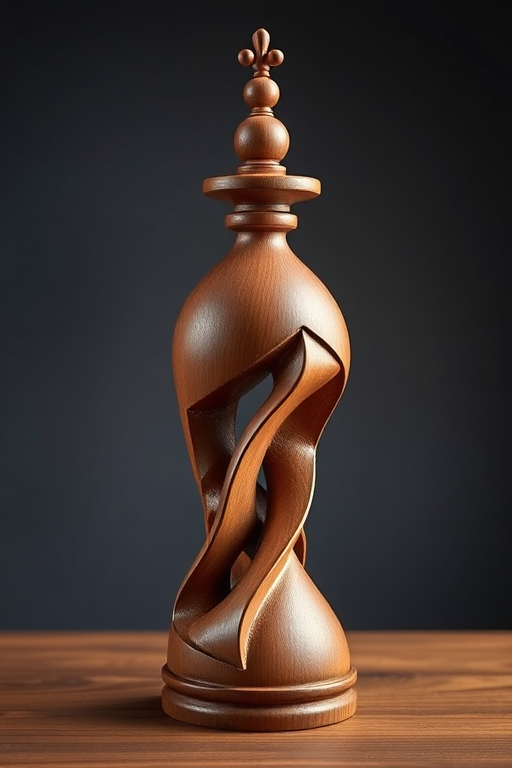 Generate a high-resolution image of a stylized, intricately designed wooden sculpture featuring a zigzag pattern and decorative top, captured with a DSLR camera at f/8 aperture, ISO 100, 50mm lens, in a well-lit studio environment with a focus on sharp details and vibrant colors.