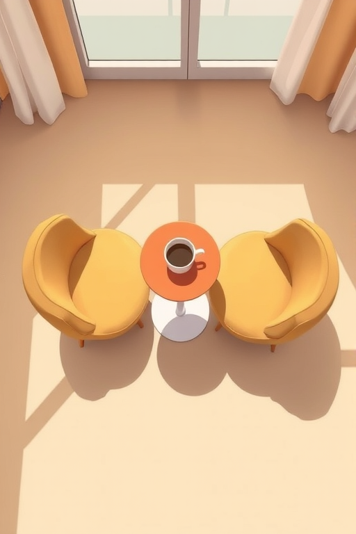 Create a high-resolution illustration of two stylized chairs with a small round table in between, featuring a coffee cup on the table, using a top-down perspective, in a cozy indoor setting, with a warm color palette and soft shadows, capturing details with a DSLR camera, 50mm lens, f/2.8 aperture, ISO 100, and natural light for enhanced image quality.