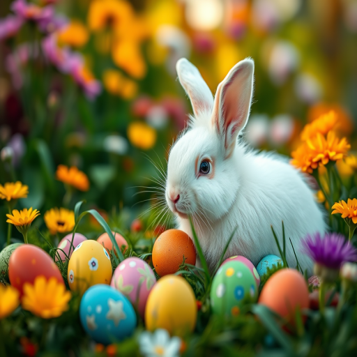 A fluffy white rabbit surrounded by colorful Easter eggs in a vibrant flower garden, shot with a Canon EOS R5 at f/2.8, ISO 100, 1/200 sec, using a 50mm lens, with a shallow depth of field and soft bokeh background for enhanced detail and color vibrancy.