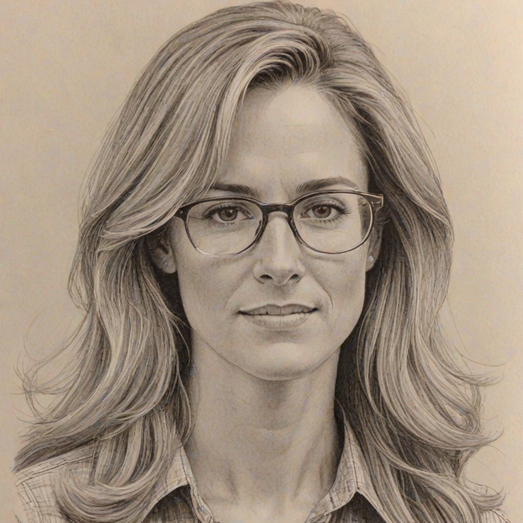 Wonderful Brandi Chastain, pencil sketch, portrait of Beauteous woman 1972s in glasses, hair style beatnik, outline, clear lines, fine lines, 8k