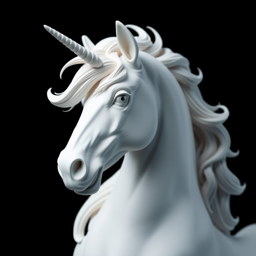 regenerate a highly detailed and realistic 3D sculpture of a white unicorn with flowing mane and a single horn against a seamless black background, using a DSLR camera with an aperture of f/1.8, shutter speed of 1/125s, ISO 100, 50mm lens, in low-key lighting for dramatic effect