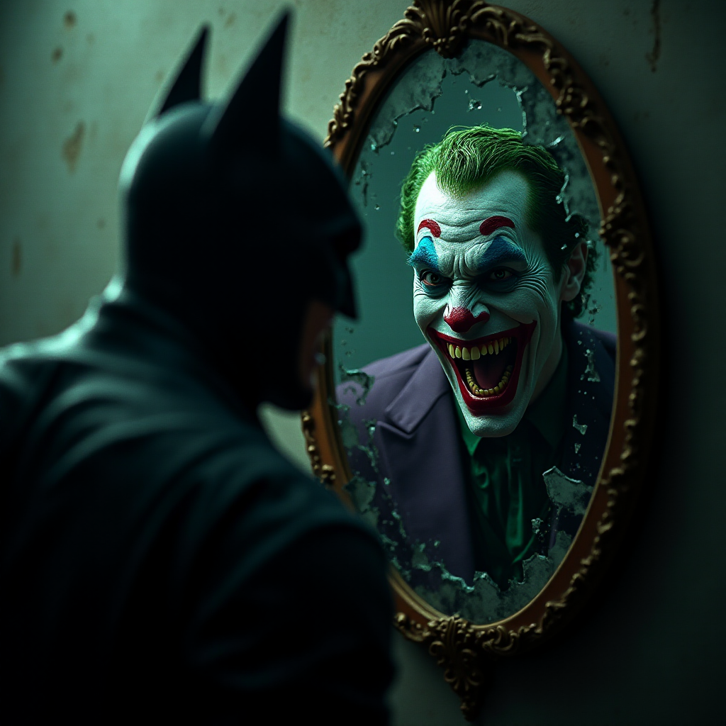 Merging elements of Batman and The Joker, this character portrays an evil, maniacal laughter, a sinister grin, and piercing eyes, accompanied by inhumanly sharp fangs. In a half-body portrait, Batman appears maniacal, gazing into a shattered mirror, his image rendered in Todd Phillips' unique style. The scene exudes an atmosphere of darkness, horror, and intense drama, with dramatic lighting and high-quality, hyper-realistic visuals. Inspired by the style of illusory wallpaper portraits, the image showcases colorful realism, exceptional attention to detail, and intricate hidden elements. The UHD, 8K resolution delivers a stunning image, combining realism and vibrant colors for an immersive, intense experience.