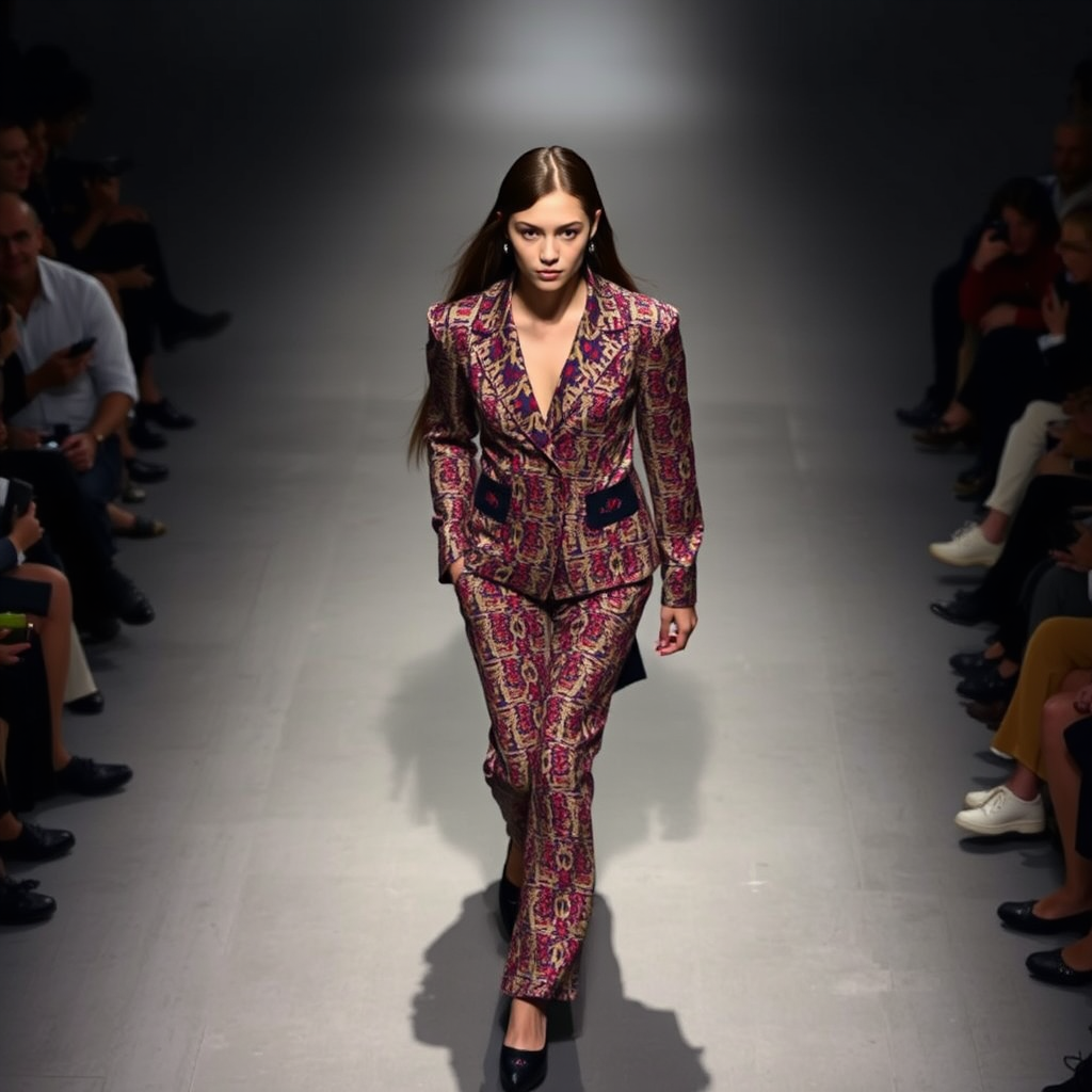 Capture the model from a high angle, emphasizing the outfit’s pattern and silhouette. Use a 35mm prime lens to maintain sharpness and minimize distortion