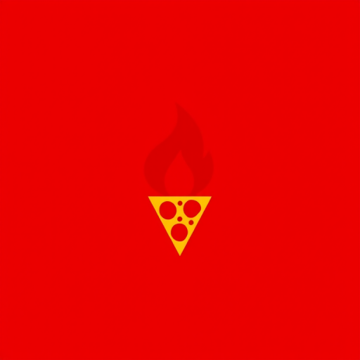 Design a minimalist logo featuring a stylized flame with a pizza slice incorporated, set against a vivid red background, using a DSLR camera with a 50mm lens, aperture f/1.8, ISO 100, taken in soft natural light to enhance sharpness and color vibrancy.