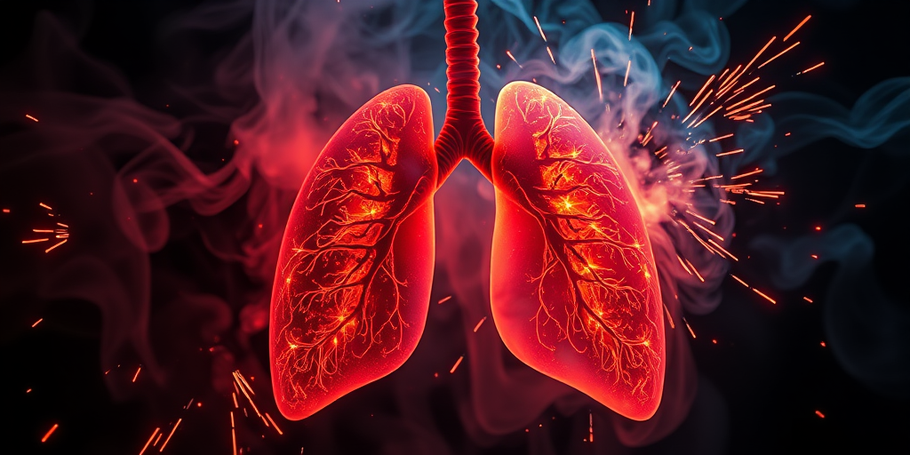 Create an artistic representation of glowing human lungs surrounded by swirling smoke and sparks, shot with a Canon EOS R5 at f/2.8, ISO 100, 1/125 sec, using a macro lens for clarity, with dramatic lighting to enhance the vivid colors and details.