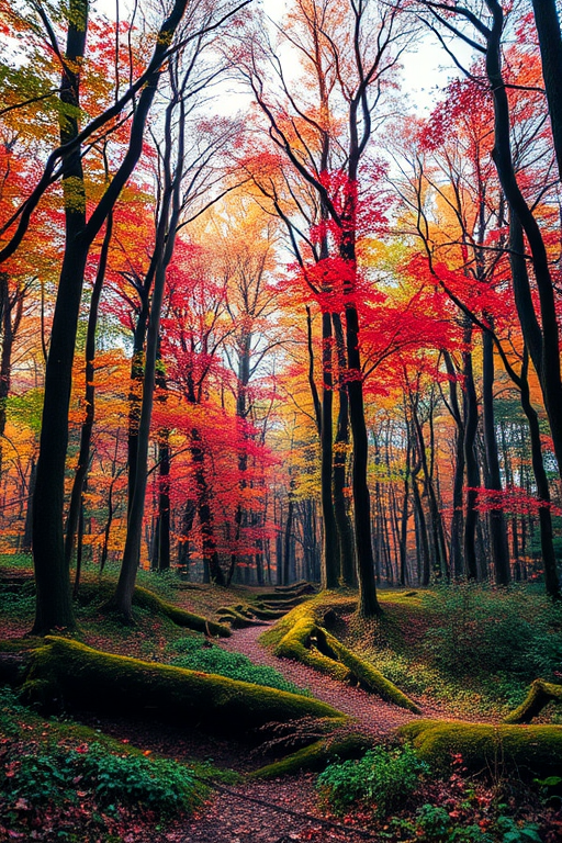 Create an artistic representation of a mystical forest with vibrant colors and a serene atmosphere, using a DSLR camera with a 50mm lens at f/1.8, ISO 200, capturing a soft-focus background and sharp foreground details in natural lighting.