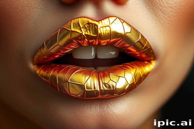 Glamorous gold leaf lips showcase intricate metallic patterns, creating a luxurious and artistic statement that gleams in the light