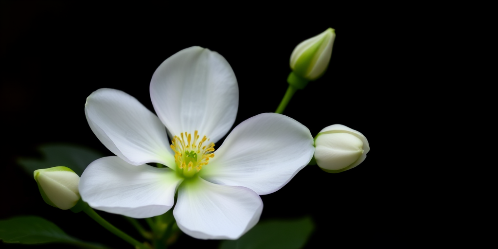 a delicate white flower with soft petals and a hint of yellow at the center, surrounded by green buds and leaves against a dark background