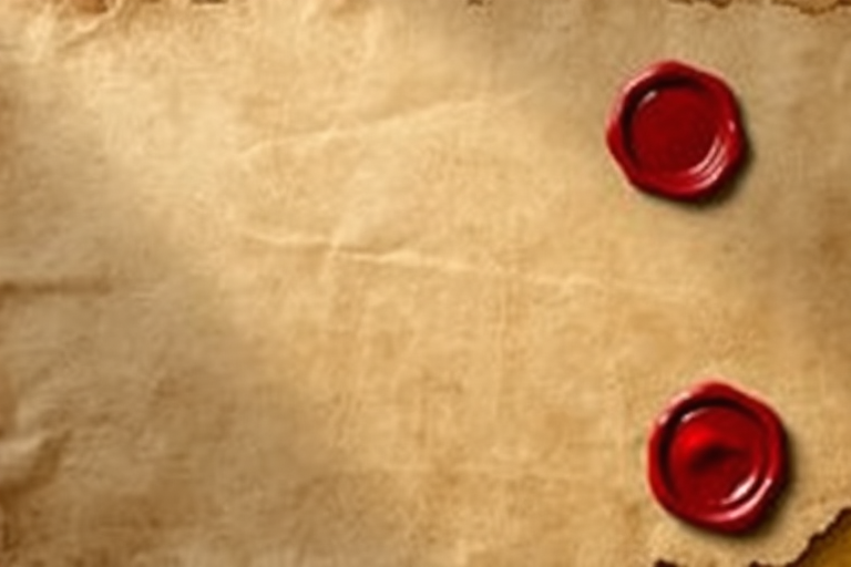 Create an image of a vintage scroll with a parchment texture, featuring a red wax seal in the bottom right corner, captured with a DSLR camera, using a 50mm lens at f/2.8, ISO 100, and a soft natural light for enhanced detail and richness.