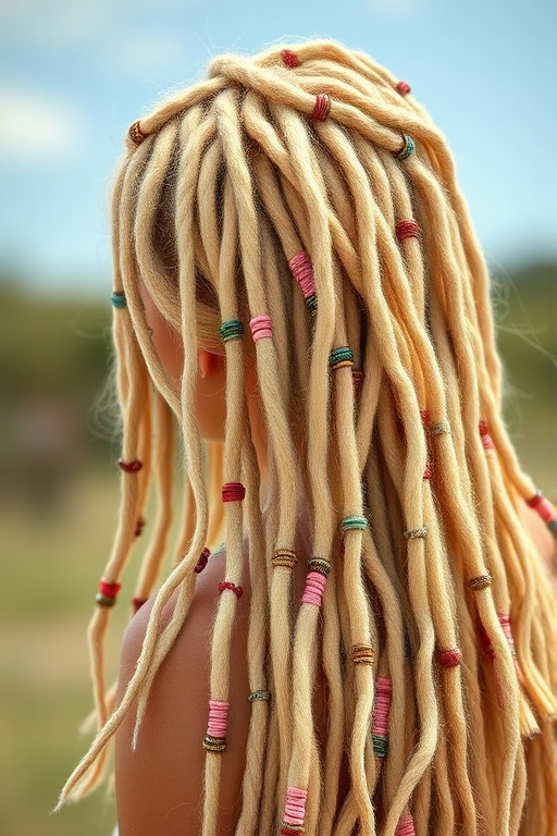 Boho-chic hair style showcasing sun-bleached blonde dreadlocks adorned with colorful threads and beads for a free-spirited look