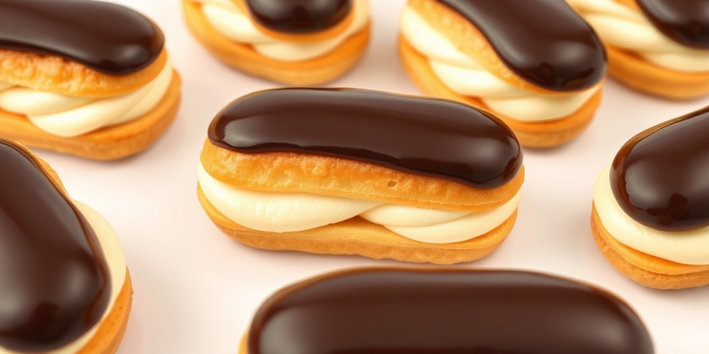 Create an image of several delicious eclairs filled with creamy vanilla frosting and topped with shiny chocolate glaze arranged on a white surface. The eclairs should have a golden brown pastry exterior and a rich contrast between the dark chocolate and the light cream filling.