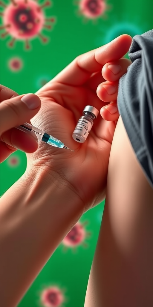 Create an image of a close-up of a hand administering a vaccine into a person's arm, with a stylized green background featuring a virus illustration, shot with a Canon EOS 5D Mark IV, 50mm lens, aperture f/2.8, ISO 100, in vibrant colors with a shallow depth of field.