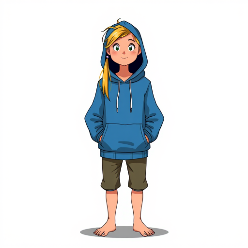 Create a cartoon-style illustration of a person wearing a blue hoodie with long blond hair, standing barefoot with hands in pockets, shoot from a low angle perspective using a DSLR camera at f/5.6 aperture, ISO 100, and 24mm lens to enhance image quality.