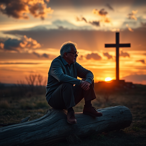 Generate an image of a contemplative older man sitting on a log with a cross in the background during sunset, capturing a dramatic sky with clouds, using a DSLR camera with a 50mm lens, aperture set to f/1.8, ISO 100, and a golden hour lighting effect for enhanced warmth and detail.