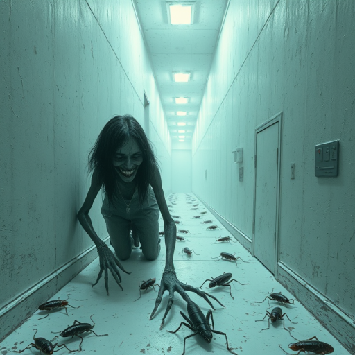 a crooked female with long arms and a creepy smile is crawling along a long white corridor and you can also see cockroaches in it there is a creepy atmosphere creepy art style