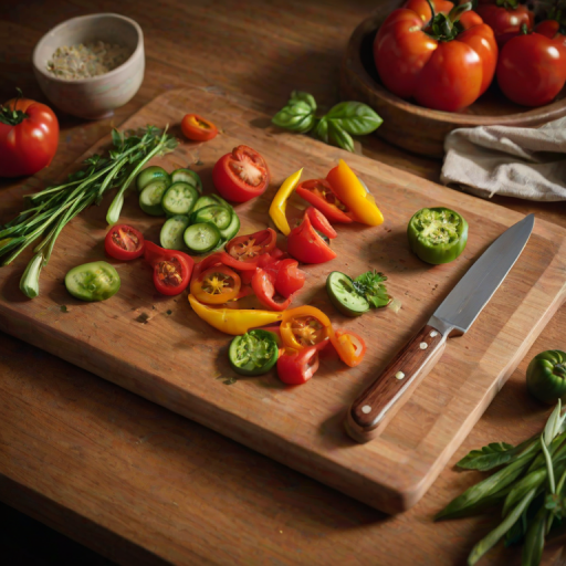 Warmly lit, close-up photo of a wooden cutting board covered in fresh vegetables, soft light illuminating the vibrant colors of tomatoes, peppers, and herbs, with a sharp chef's knife resting nearby.
