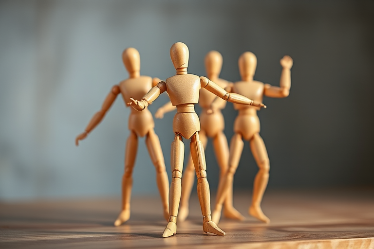 Create a high-resolution image of wooden mannequins in a dynamic pose, using a DSLR camera with a 50mm lens, aperture f/2.8, ISO 100, and a shallow depth of field, positioned at eye level for a clean background.