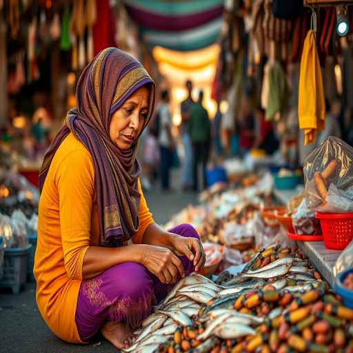 Capture a close-up of a woman sitting on the ground in a bustling seafood market, dressed in bright colored clothing and wearing a headscarf, with a focus on her hands working with seafood, using a Canon EOS R5 with a 50mm f/1.2 lens, aperture set to f/2.8 for shallow depth of field, with natural light during golden hour, ensuring vibrant color and texture detail in the scene.