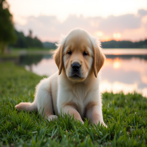 A fluffy golden retriever puppy sitting peacefully on green grass near a calm lake during sunset with its eyes closed and a serene expression.