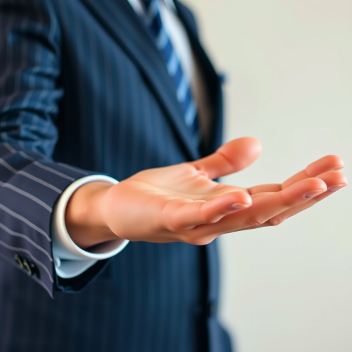 Generate a high-resolution image of an outstretched hand wearing a pinstripe suit, captured from a slightly elevated angle using a DSLR camera with a 50mm lens at f/2.8, ISO 200, and a shutter speed of 1/125s, ensuring a soft-focus background and vibrant colors.