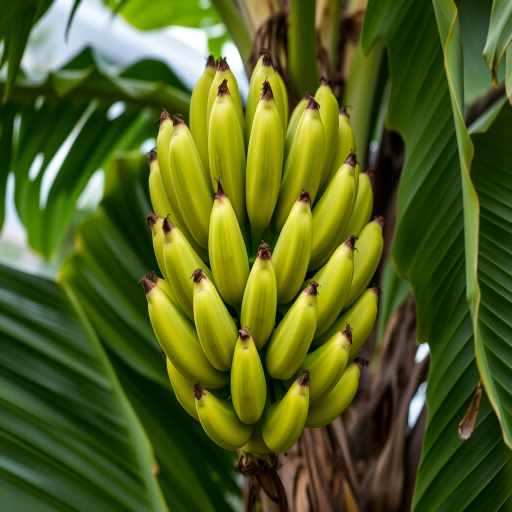 a close-up of a cluster of unripe green bananas hanging from a banana tree surrounded by tropical leaves