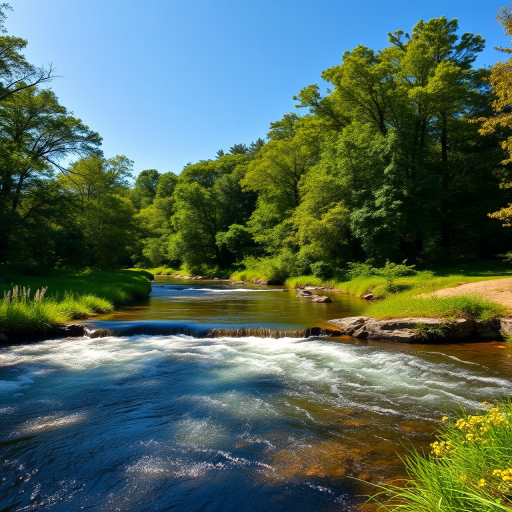 Generate a high-resolution image of a serene landscape with a flowing river surrounded by lush green trees under a clear blue sky, captured with a DSLR camera at f/8 aperture, 50mm lens, ISO 100, and a wide-angle view to enhance the depth of field.