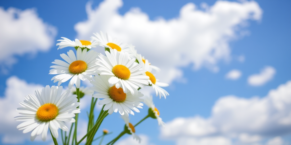 A beautiful bouquet of daisies with yellow centers against a bright blue sky filled with fluffy white clouds, capturing a serene and cheerful atmosphere.