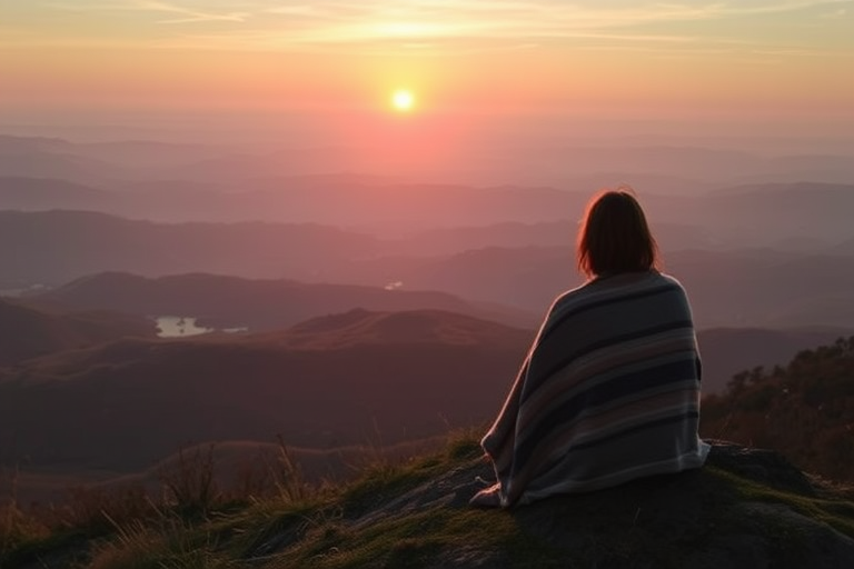 Sunrise over rolling hills, the soft light illuminating the landscape, with a woman sitting at the top of a hill, wrapped in a blanket, watching the dawn break.