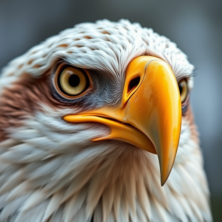 Create a highly detailed close-up portrait of a bald eagle with a sharp focus on its eyes and beak, using a DSLR camera, 85mm lens, f/1.8 aperture, ISO 200, and a shallow depth of field for a blurred background while maintaining vibrant colors and high contrast.